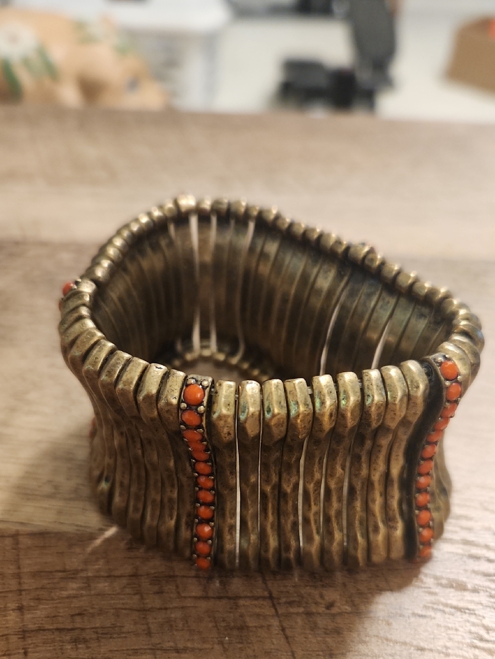 Vintage-Style Brass Stretch Bracelet with Orange Bead Accent